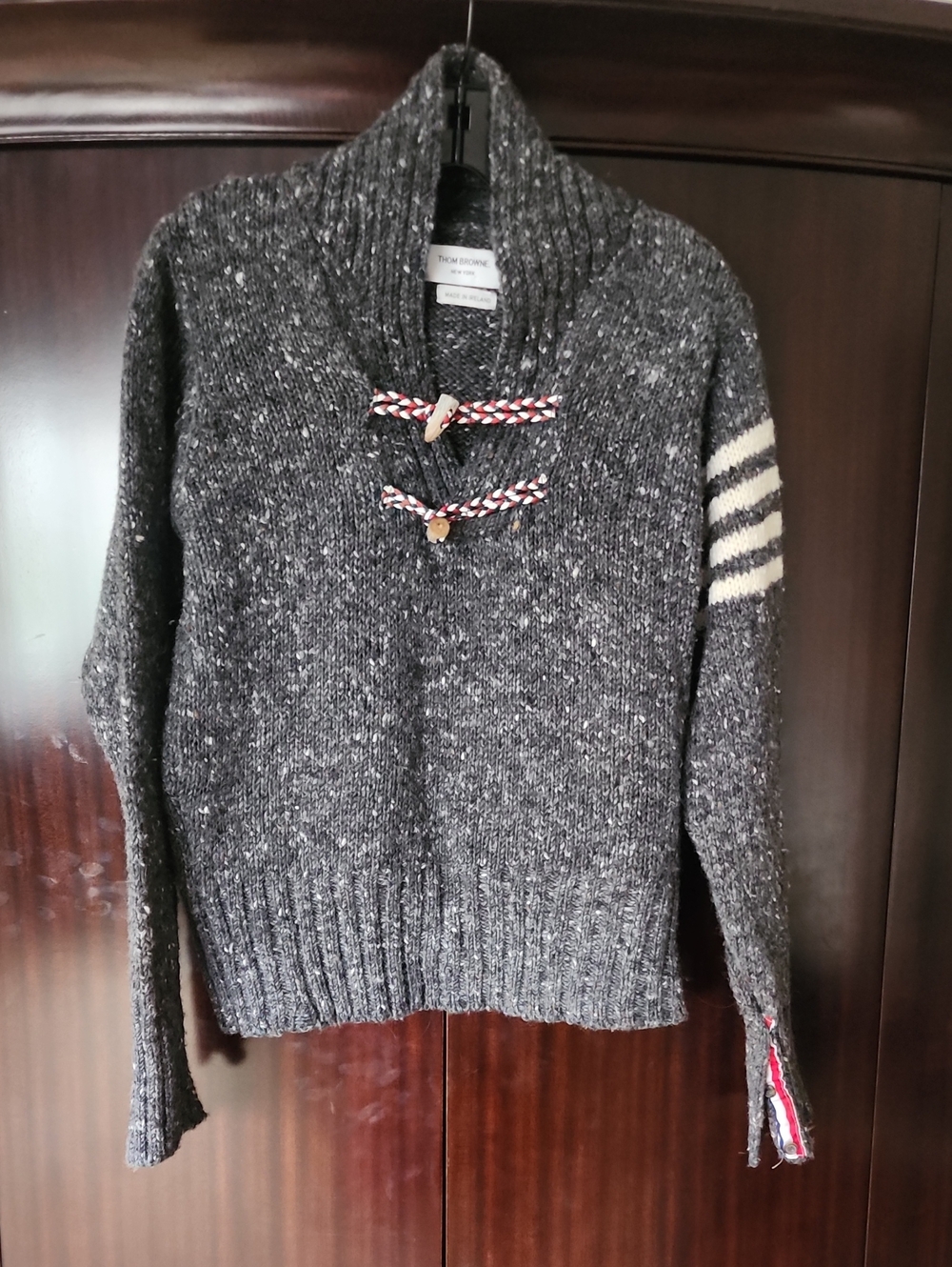 Thom Browne Charcoal Speckled Shawl-Collar Toggle Sweater